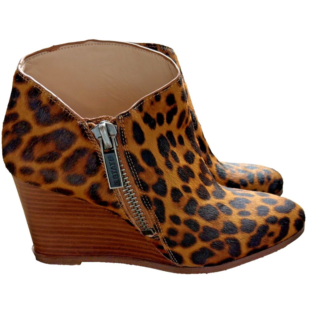 1 State Kaleb Leopard Ankle Wedge Bootie Zip Cow Hair Brown Womens Sz 7M